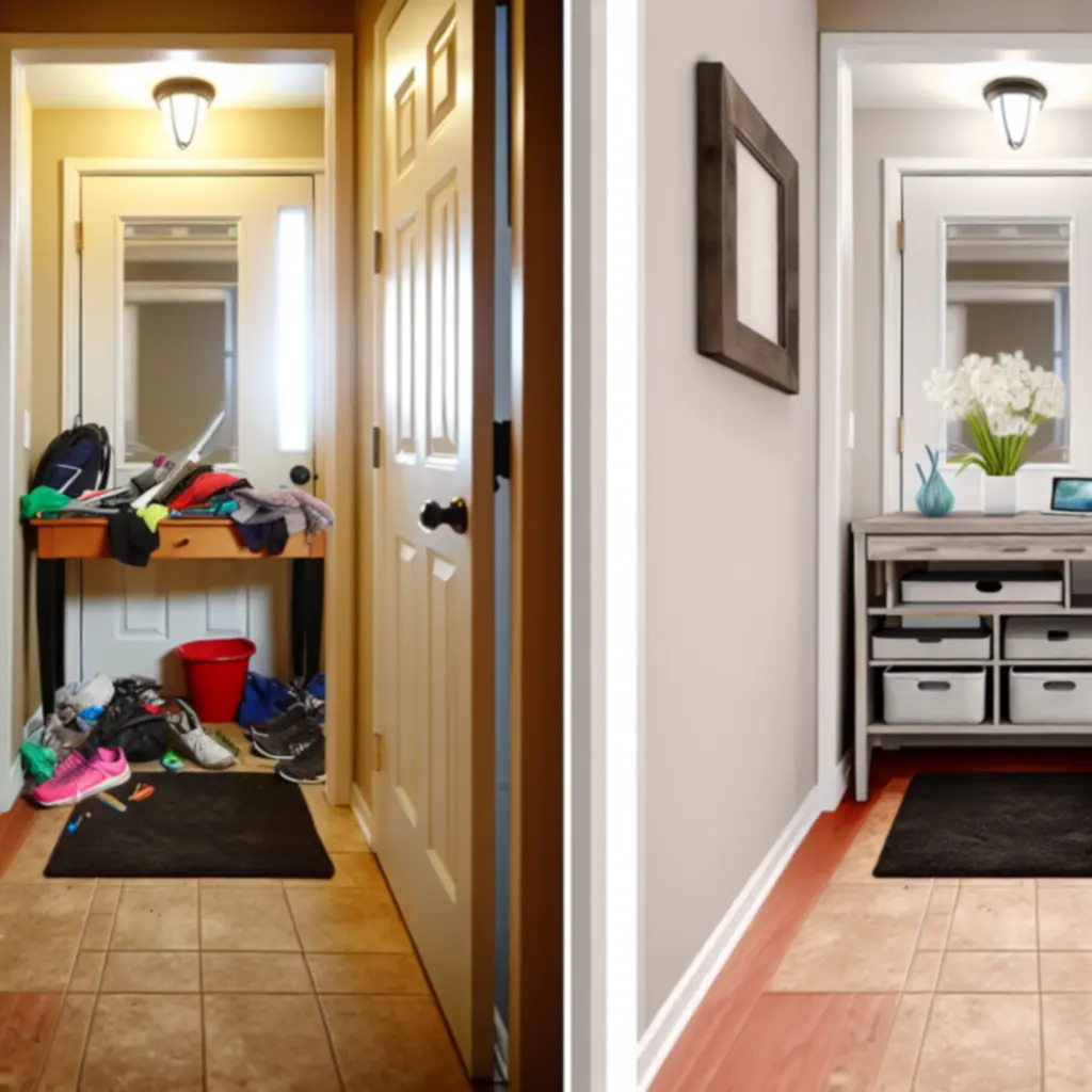 Porównanie zagraconej przestrzeni przed oraz uporządkowanego, jasnego wnętrza po zastosowaniu rozwiązań organizacyjnych