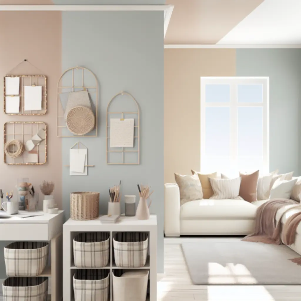 Elegancko zaaranżowane akcesoria do przechowywania w jasnym, uporządkowanym wnętrzu