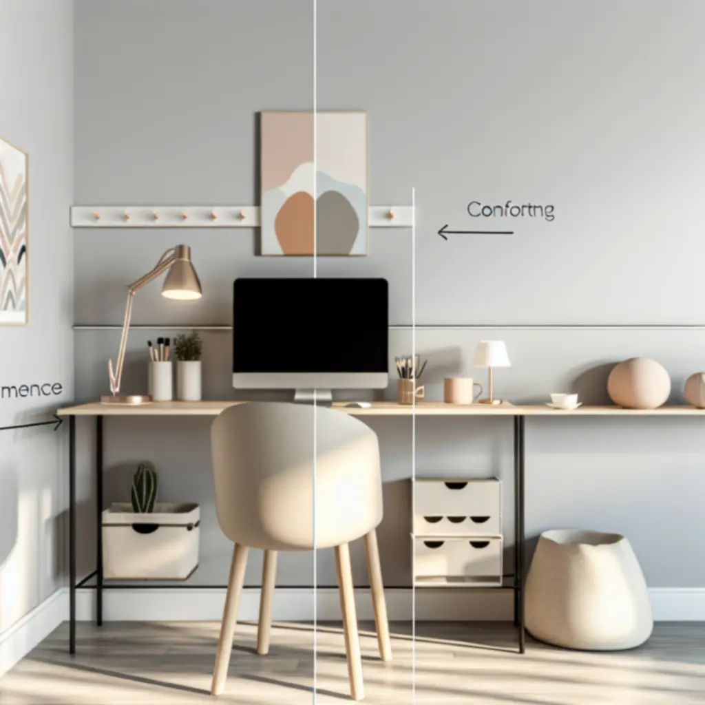 Inspirowane biuro domowe z ergonomicznym ustawieniem i uporządkowanymi półkami